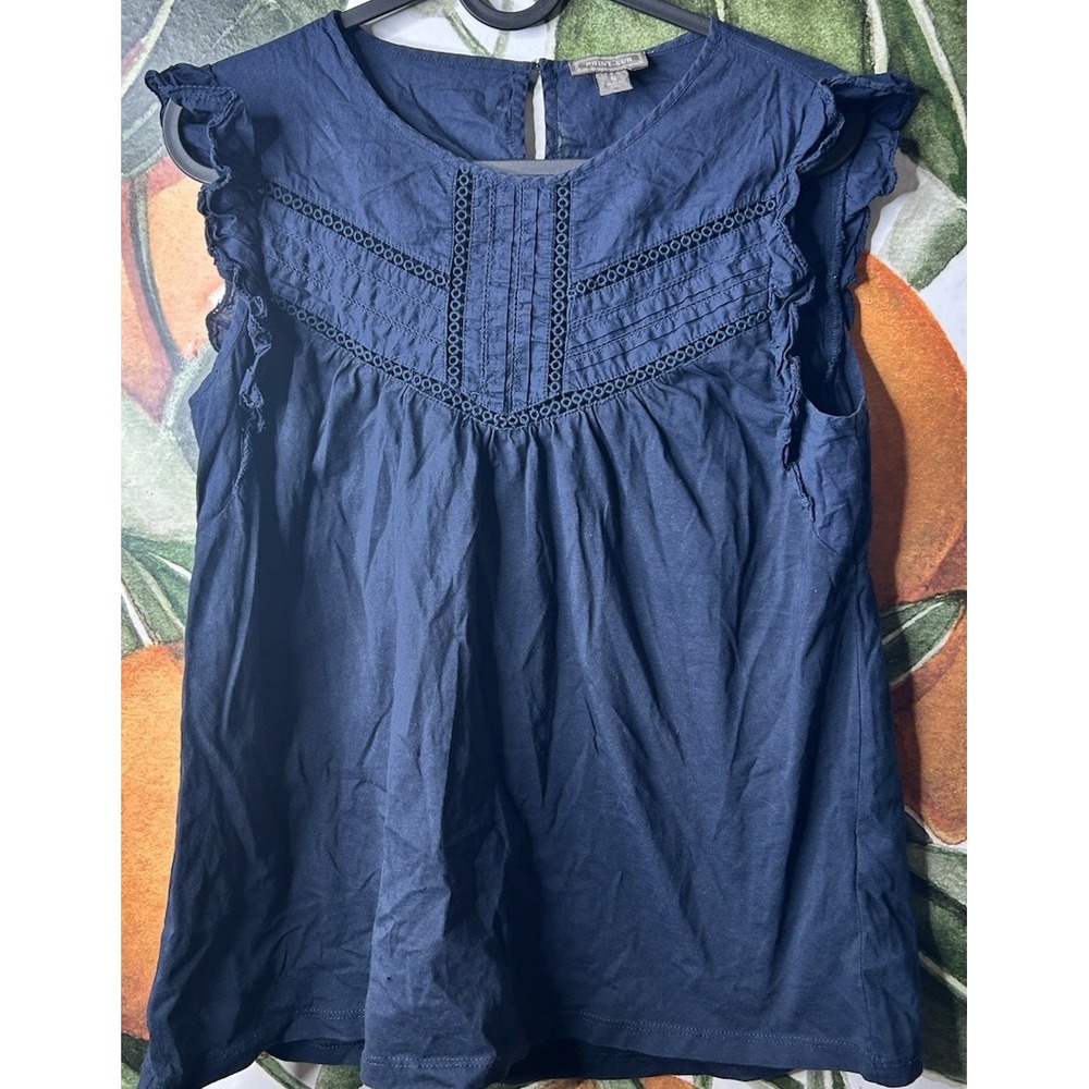 J Crew Women's Point Sur Navy Blue Embroidered Eyelet Flutter Tank Small